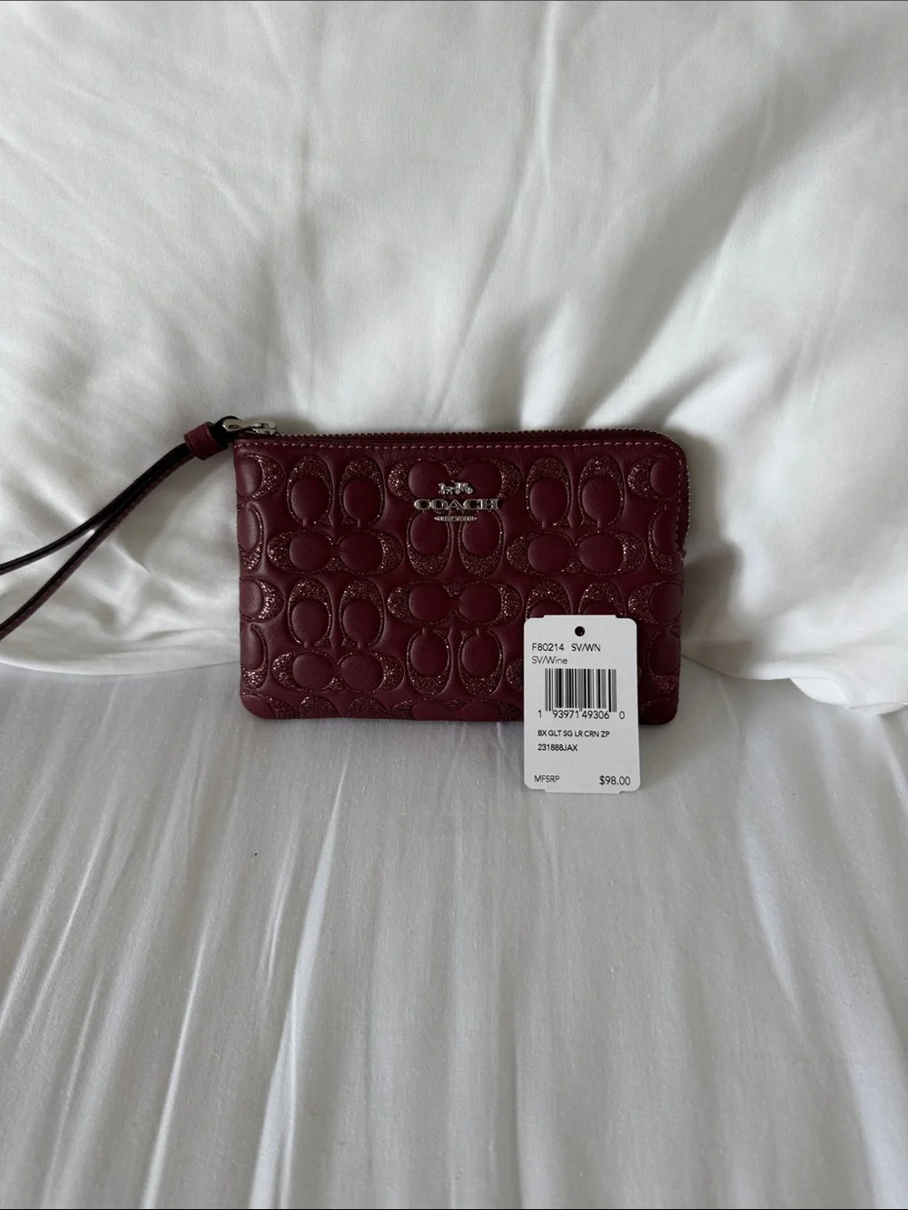 Coach glitter signature logo corner zip wristlet wine color NWT